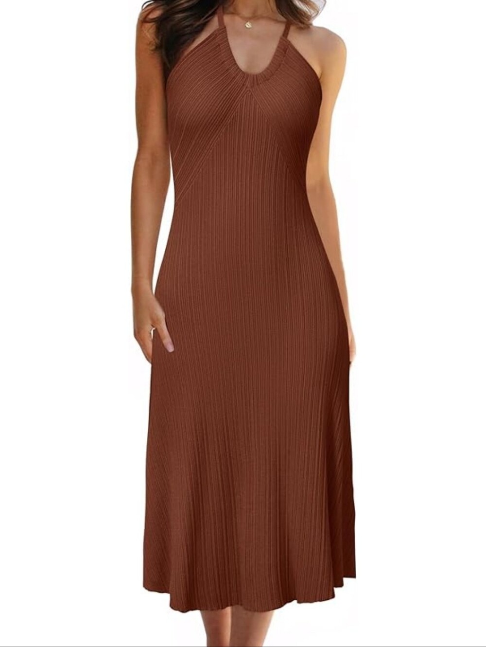 Sleeveless Ribbed Halter Midi Dress in Brown
